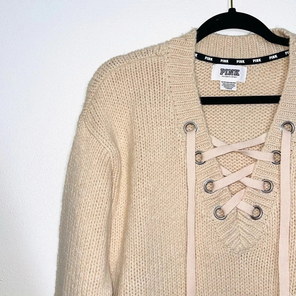 PINK Victoria’s Secret Cream Lace-up Front Oversized Sweater Xsmall Women’s - Picture 3 of 10